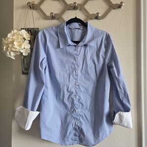 Zara Basic Women's Blue Button Up Dress Shirt with White Cuffs